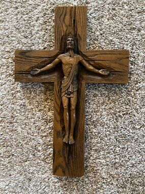 Handmade Wood Religious Wall Hanging Brown Crucifix with Defect on Feet